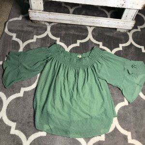 Kori America Blouse Womens 2x Green Off Shoulder Flutter Sleeve Lined Top